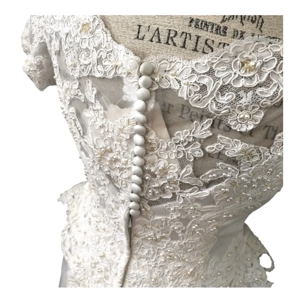 NEW ALFRED ANGELO SZ 6 WHITE SATIN LACE WEDDING GOWN WITH TRAIN - Picture 7 of 12